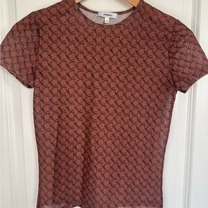 Miaou Rust Brown Monogram Printed Mesh Short Sleeve Y2K Baby Tee Designer S